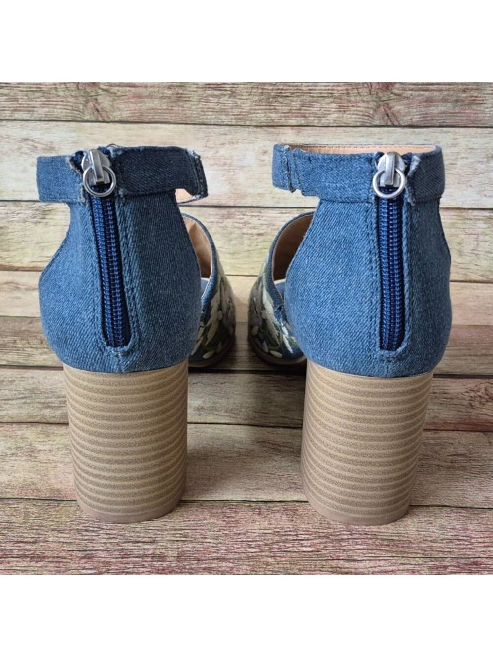 Dolce Mojo Moxy Womens 10M Blue Denim Floral Embroidered Block Heel Sandals - Picture 9 of 14